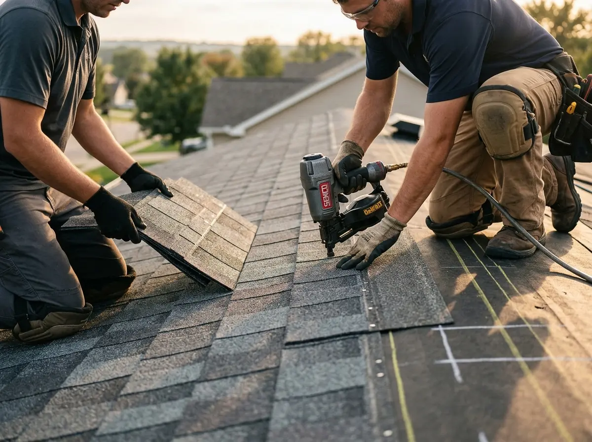 Professional roofer working on a residential roof in West Allis